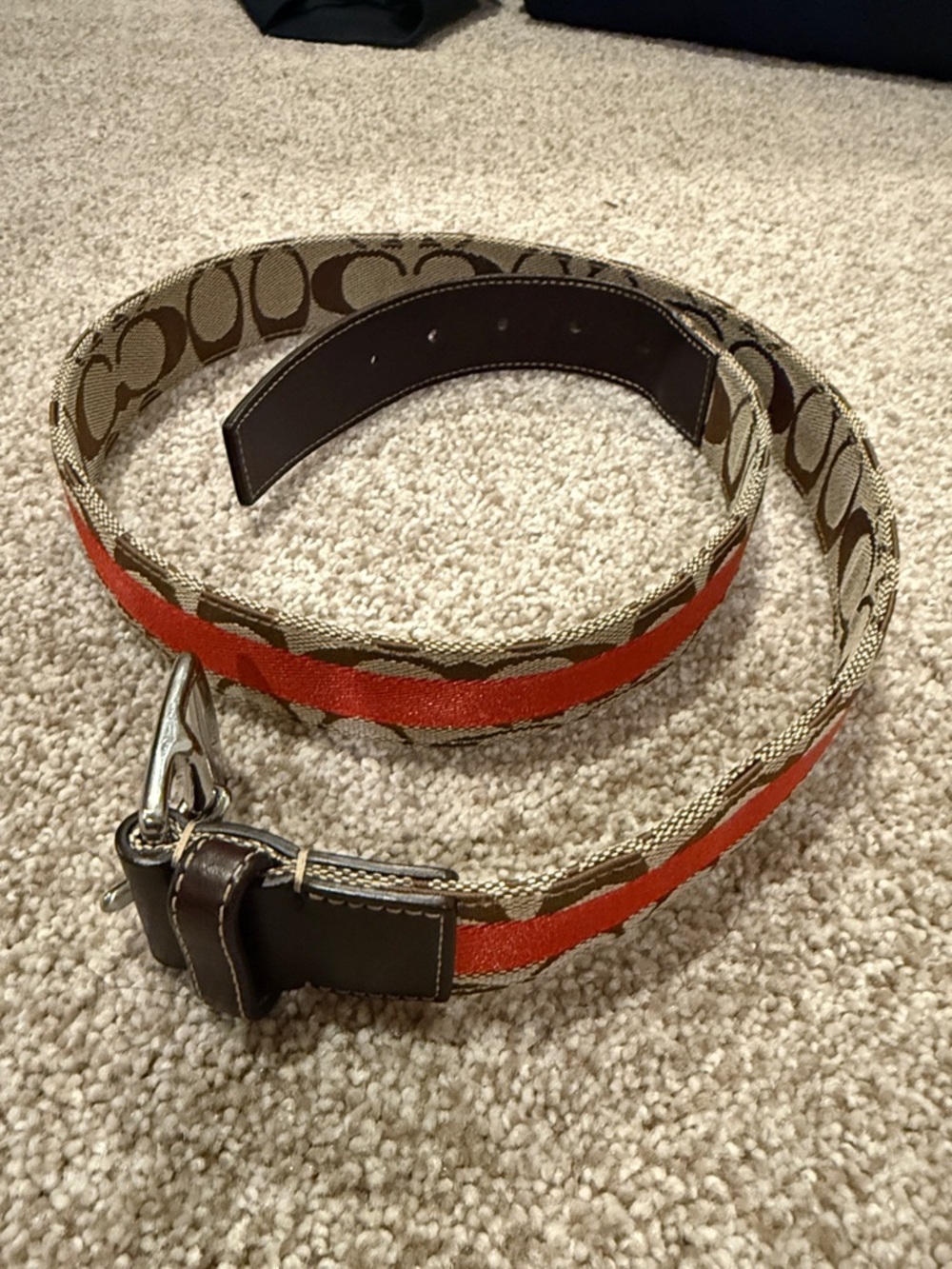 Coach Signature Canvas Belt with Orange Stripe and Brown Leather